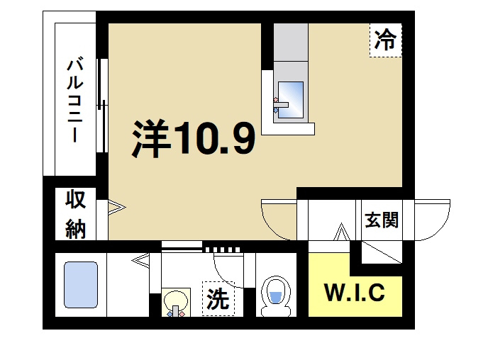 モデルノⅠの間取り|ウォークインクローゼットが付いた1Kです
