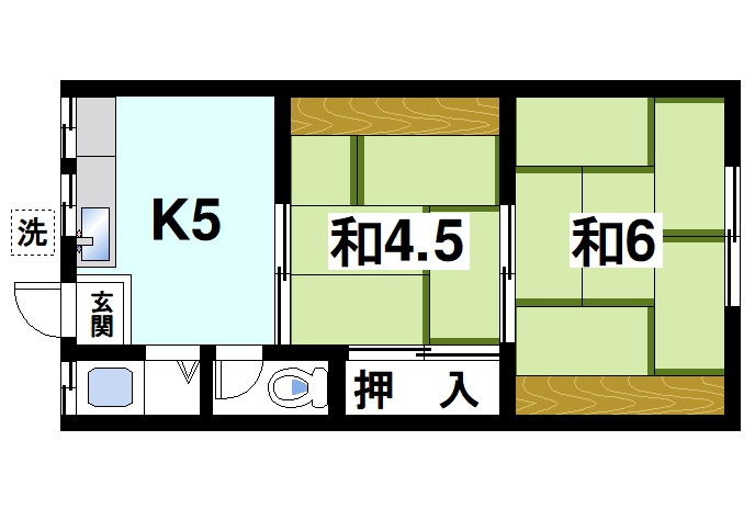 若草荘A棟の間取り|ゆったりと暮らせる2Kの間取りです。