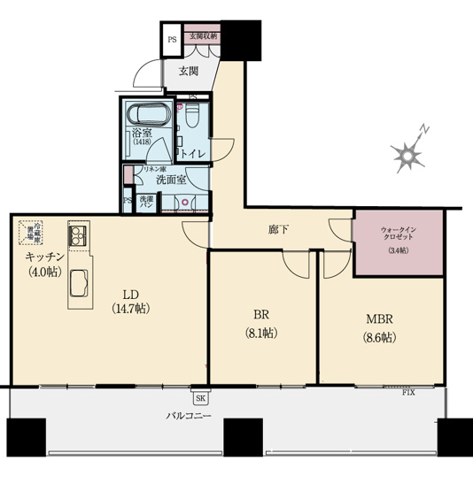 【間取り】 | LA MIA CASA | 全室南向きバルコニー付！大容量3.4帖のWicは最大の魅力！