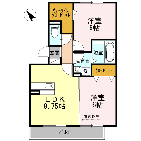 2DK（9.75帖、洋室6帖×2部屋、ウォークインクローゼット）