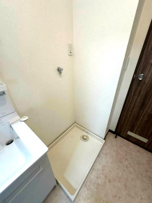 【展望】 | エスポワール鴨居 | 洗面所内、シャンプードレッサー横にある室内洗濯機置き場です♪防水パンが付いているので万が一の漏水にも安心です！