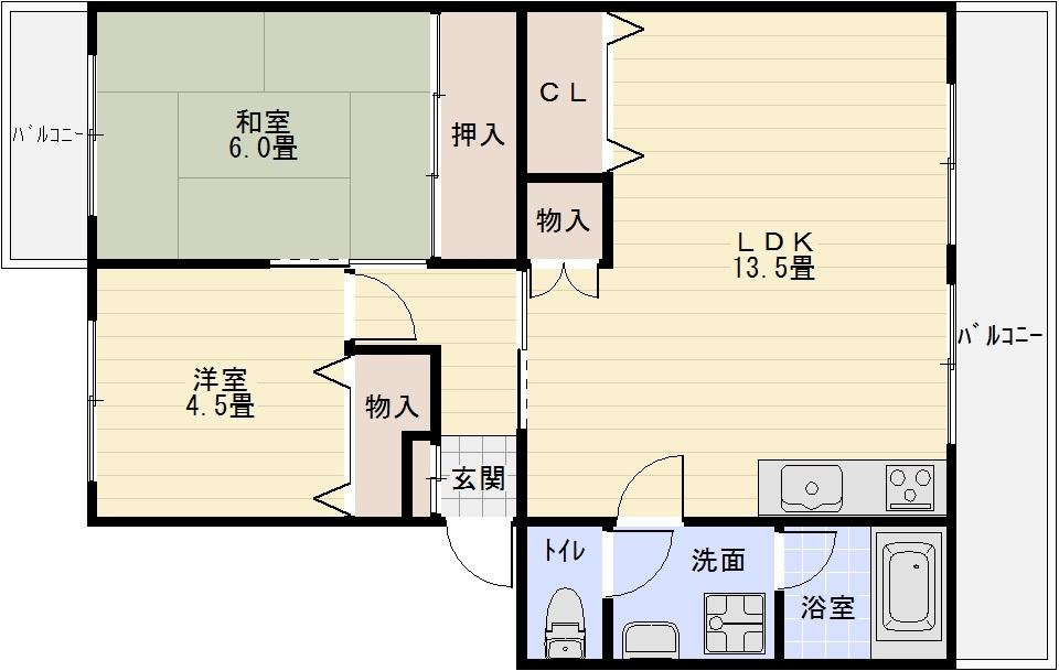本町八幸ハイツの間取り|河内国分駅　2LDK