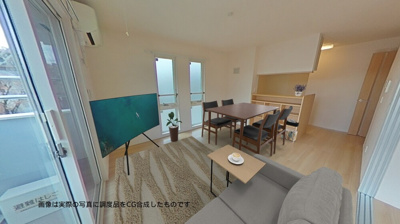 【居間・リビング】 | ヴェルジェⅠ | 南向きリビングダイニングキッチン12.7帖☆バルコニーに繋がる角部屋二面採光のお部屋です♪エアコン付きで1年中快適に過ごせますね☆室内物干しも完備◎