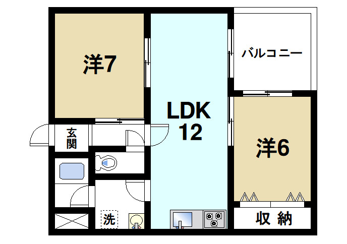 レインボーマンション瓦町の間取り|ゆったりと暮らせる2LDKの間取りです。
