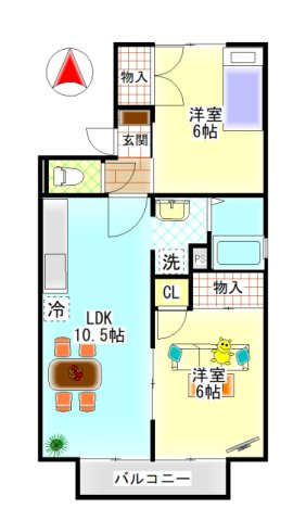 フォンティーヌＢの間取り|西中新田　フォンティーヌB　2LDK　間取り