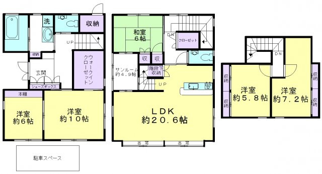 大泉町２丁目貸家の間取り|高台の東南角地に建つ大型3階建て住居です。こだわりのバリアフリー注文建築で、あらゆる世代の居住に適します。
