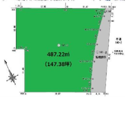 【土地図】 | 土地面積487.22㎡（147.38坪）になります。接道は東側　幅員は3.6ｍです。
