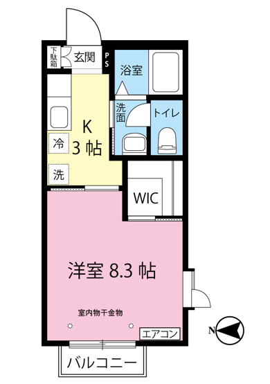 【間取り】 | ガーデンヒルズ百合ヶ丘 | キッチン3帖・洋室8.3帖の1Kタイプのお部屋です☆ちょっと広めのお部屋をお探しの単身者さんにオススメ♪なんと言っても最上階・角部屋・二面採光なのが嬉しい♪