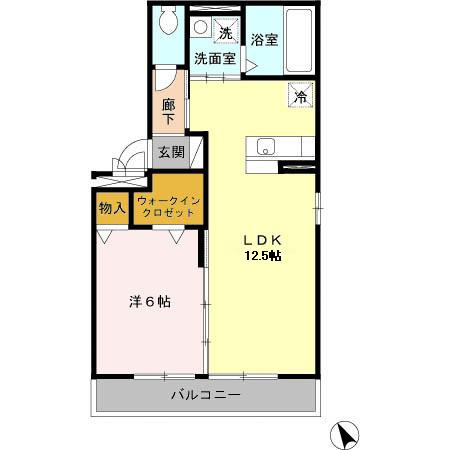 1LDK（LDK12.5帖、洋室6帖、ウォークインクローゼット）