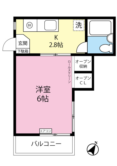 【間取り】 | リラ新ゆり | キッチン2.8帖・洋室6帖の1Kタイプのお部屋です☆はじめての一人暮らしにもぴったり♪なんと言っても最上階・角部屋・二面採光なのが嬉しい♪