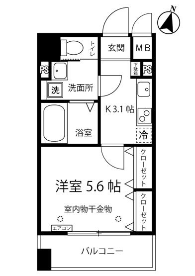 【間取り】 | ブーゲンビリア | キッチン3.1帖・洋室5.6帖の1Kタイプのお部屋です☆はじめての一人暮らしにもぴったり♪洋室なので過ごしやすいですね☆