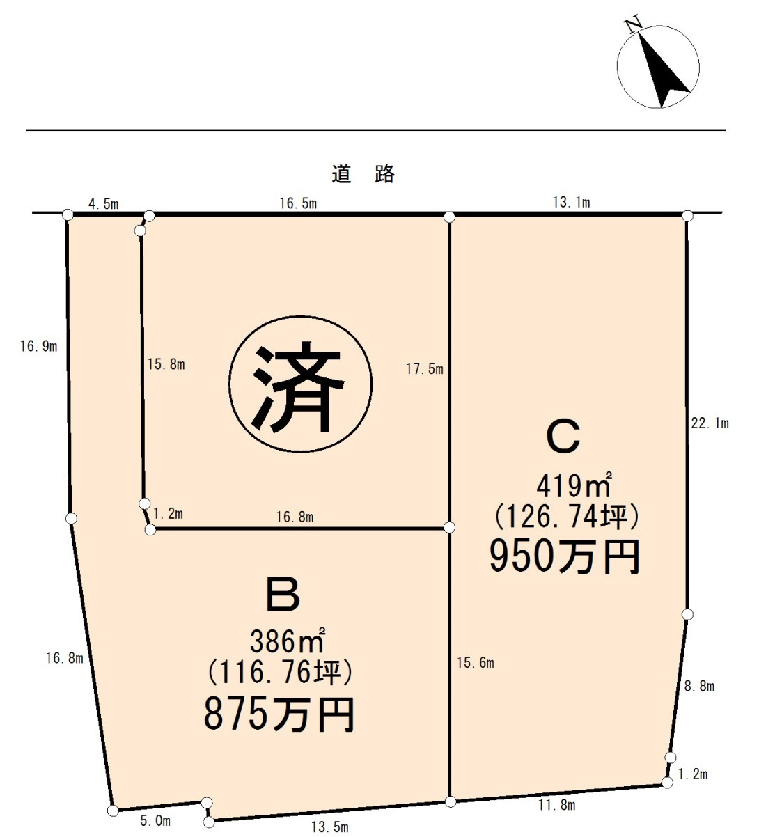 熊谷市箕輪全３区画　土地１２６坪の土地図