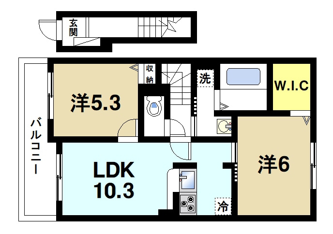 ドルチェの間取り|一坪タイプのお風呂と南向きのバルコニー、ペット可なのが嬉しいポイントの2LDKのお部屋です
