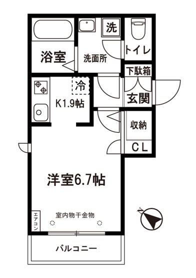 【間取り】 | Libra･Minowa/リブラ・ミノワ | キッチン1.9帖・洋室6.7帖の1Kタイプのお部屋です☆はじめての一人暮らしにもぴったり♪なんと言っても角部屋・最上階なのが嬉しい♪