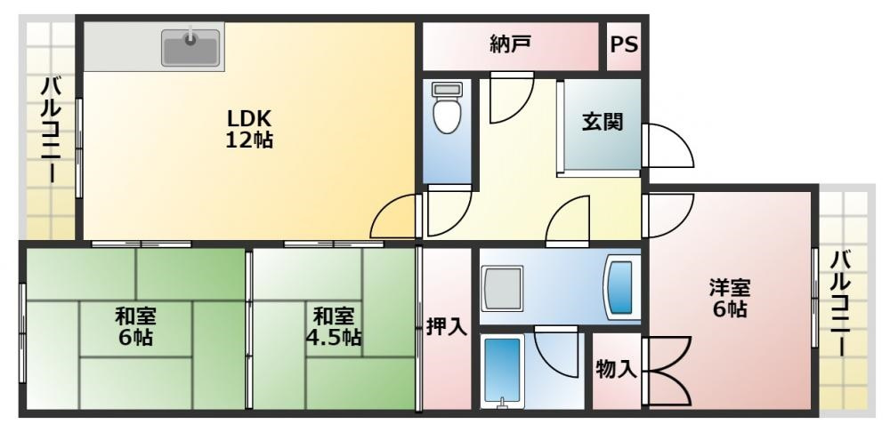 サンポート池上の間取り|広々とした12帖のリビングと和室6帖と4.5帖、洋室6帖の3LDK！！