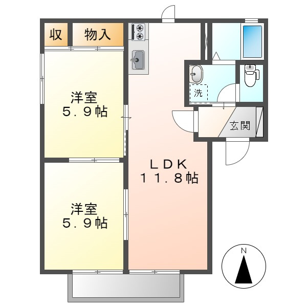 倉敷市茶屋町のアパートの間取り