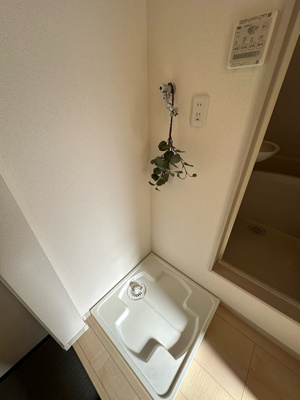 【設備】 | アイザックヒルズ百合丘 | 玄関横にある室内洗濯機置き場です♪防水パンが付いているので万が一の漏水にも安心です！