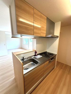 【キッチン】 | シャンペトル | 3口ガスコンロ/グリル付きシステムキッチンです！場所を取るお鍋やお皿もたっぷり収納できてお料理がはかどります☆便利な床下収納も完備◎