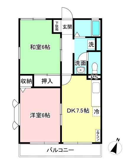 【間取り】 | カサグランデB | 和室と洋室のある2DKタイプのお部屋！小さなお子様のいるファミリーさんにもオススメです♪なんと言っても最上階・角部屋・二面採光なのが嬉しい♪