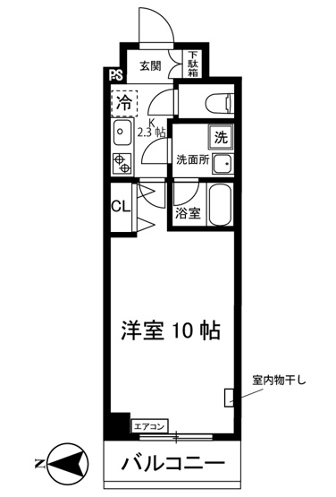 【間取り】 | サクラグラース | キッチン2.3帖・洋室10帖の1Kタイプ！ちょっと広めのお部屋をお探しの方にピッタリ☆楽器が演奏できる部屋をお探しの方にもおすすめです♪