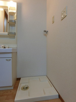 【展望】 | 洗面所内、独立洗面台横にある室内洗濯機置き場です♪防水パンが付いているので万が一の漏水にも安心です！
