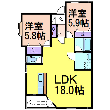 ベイリーフBの間取り|掲載写真は同建物・反転タイプのお部屋です。現況とは異なりますのでご了承ください。