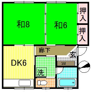 【間取り】 | 高樋アパート | 2DK　南東向き　角部屋