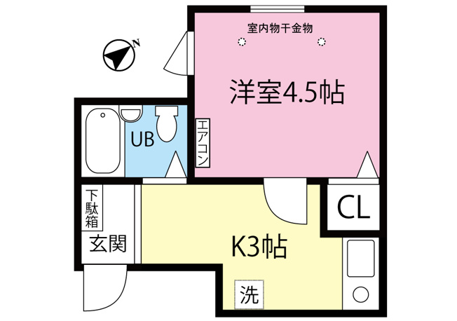 【間取り】 | ミングルAP.栗谷一番館 | キッチン3帖・洋室4.5帖の1Kタイプのお部屋です☆はじめての一人暮らしにもぴったり♪なんと言っても角部屋・二面採光なのが嬉しい♪