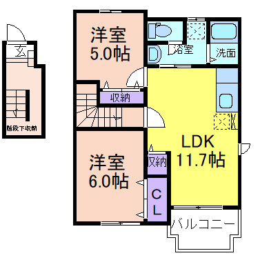 サニータウンドルチェの間取り|掲載写真は同建物・反転タイプのお部屋です。現況優先といたします。