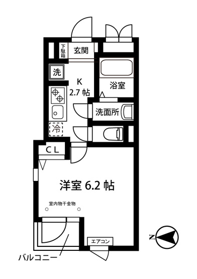 【間取り】 | Maison noble 百合丘/メゾンノーブル | キッチン2.7帖・洋室6.2帖の1Kタイプのお部屋です☆はじめての一人暮らしにもぴったり♪なんと言っても最上階・角部屋・二面採光なのが嬉しい♪