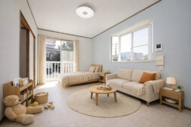 サンビレッジ住吉C棟の居間・リビング|バーチャルステージングの写真となります。家具家電等は付帯しません。参考にご覧くださいませ。