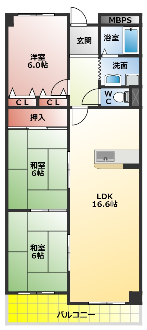 ヴィルヌーブエストの間取り|南向きバルコニー