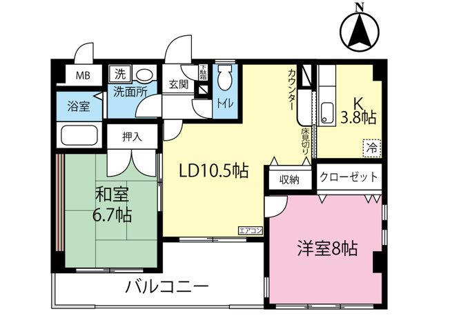 【間取り】 | ソレイユⅠ | 和室と洋室のある2LDKタイプ☆小さなお子様がいるファミリーさんにも良いですね！なんと言っても最上階・角部屋・三面採光なのが嬉しい♪