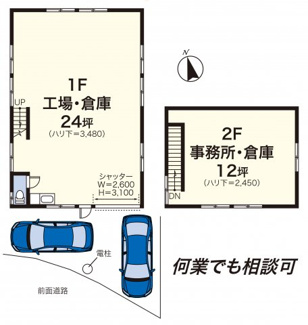 【間取り】 | 新吉田町貸し4545貸し工場 | 延べ約３６坪（約１１９㎡）