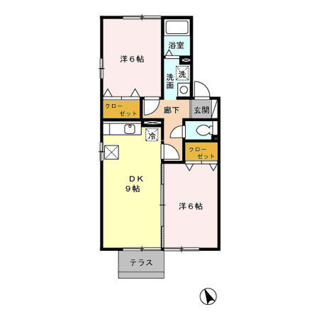 クレール荒子の間取り|1階の角部屋、2LDKです。
