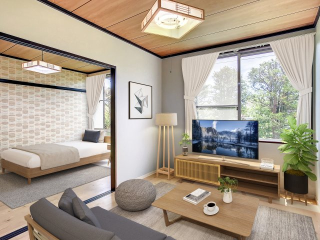 ナチュラルモダンに暮らすのロビー|淡いブルーの部屋と奥のおしゃれな壁紙が印象的なお部屋です