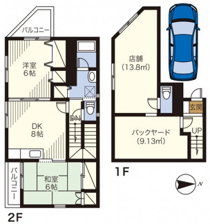 【間取り】 | 東山田住居付き貸し倉庫 | １階店舗・２階住居　延べ７８．５２㎡