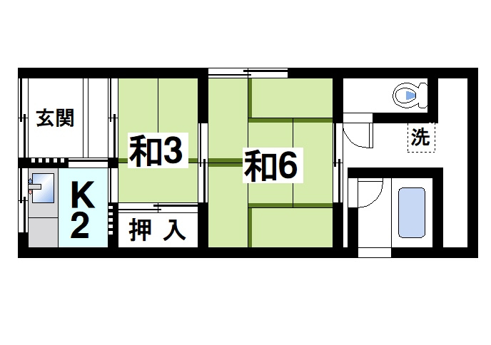 吉田貸家の間取り|ゆったりと暮らせる２Kの間取りです。
