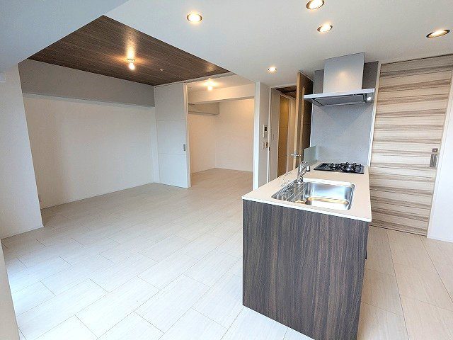 RESIDIA町屋の居間・リビング|室内リノベーション、リビングに床暖房・エアコン付、5帖洋室はリビングからと廊下からの2WAY便利です、カウンターキッチンにはビルトイン食器洗浄乾燥機付、キッチンから洗面室へ行けます