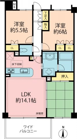【間取り】 | THEパームス三鷹ビバーチェ | 約14帖のＬＤＫ続き和室と洋室が二つ・防音に強い二重床二重天井。設備充実