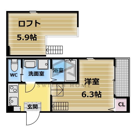 【間取り】 | クレセントハイツ | 1K+ロフト付きで使い勝手の良い間取りです