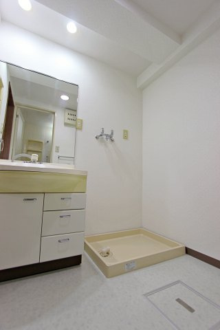 藤和シティコープ河辺Ⅱの洗面所|シャワー付き独立洗面台と洗濯機置場と脱衣所