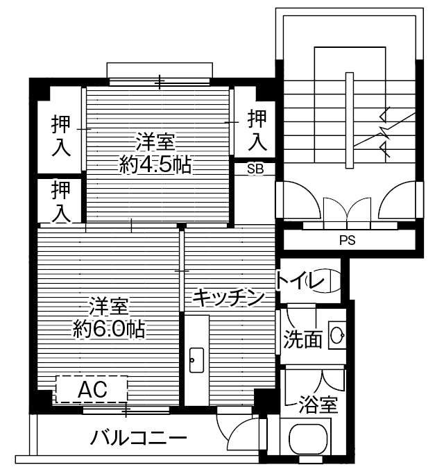 ビレッジハウス竹原2号棟の間取り|反転タイプのお部屋となります。