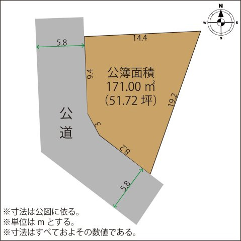 足利市岩井町の売地の土地図|公簿面積171㎡（51.72坪）の角地