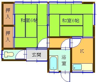【間取り】 | 岡澤住宅 | ６畳和室・６畳和室、キッチン、風呂・トイレ別、押入れ