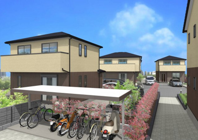 【外観パース】 | 美樹第Ⅱ期若松町戸建貸家D棟 | 全棟南向きで陽当たり良好です！管理：大興住建
