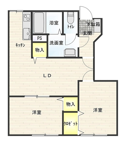 【間取り】 | メゾンエスポワール | 居室２部屋とも南向き。全部屋６帖以上。角部屋です。