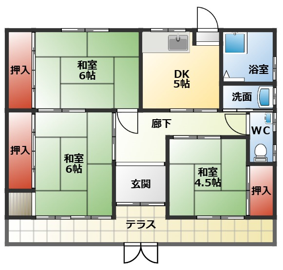 国松町平屋の間取り|３ＤＫの間取り
