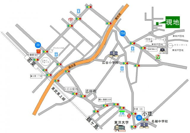川越市下広谷　中古戸建の地図|若葉駅よりバス８分　「団地センター」バス停　停歩８分
他、鶴ヶ島駅より約3.05ｋｍ