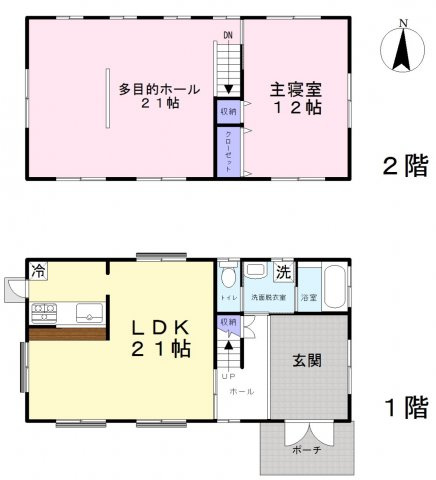 川越市下広谷　中古戸建の間取り|２ＬＤＫ　２階の多目的ホール（２１帖）は２部屋に仕切ることも可能です。